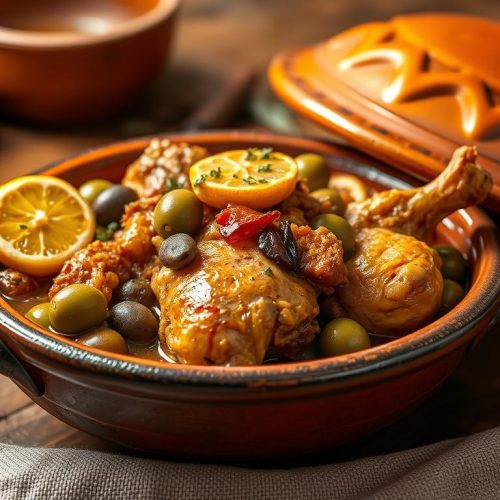 Tajine de poulet aux olives et citron confit traditionnel
