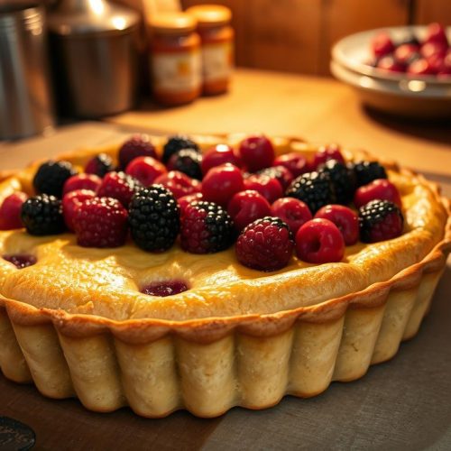 Tarte rustique aux fruits rouges en cuisson