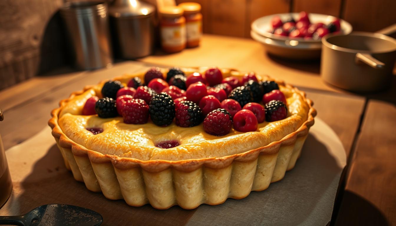 Tarte rustique aux fruits rouges en cuisson