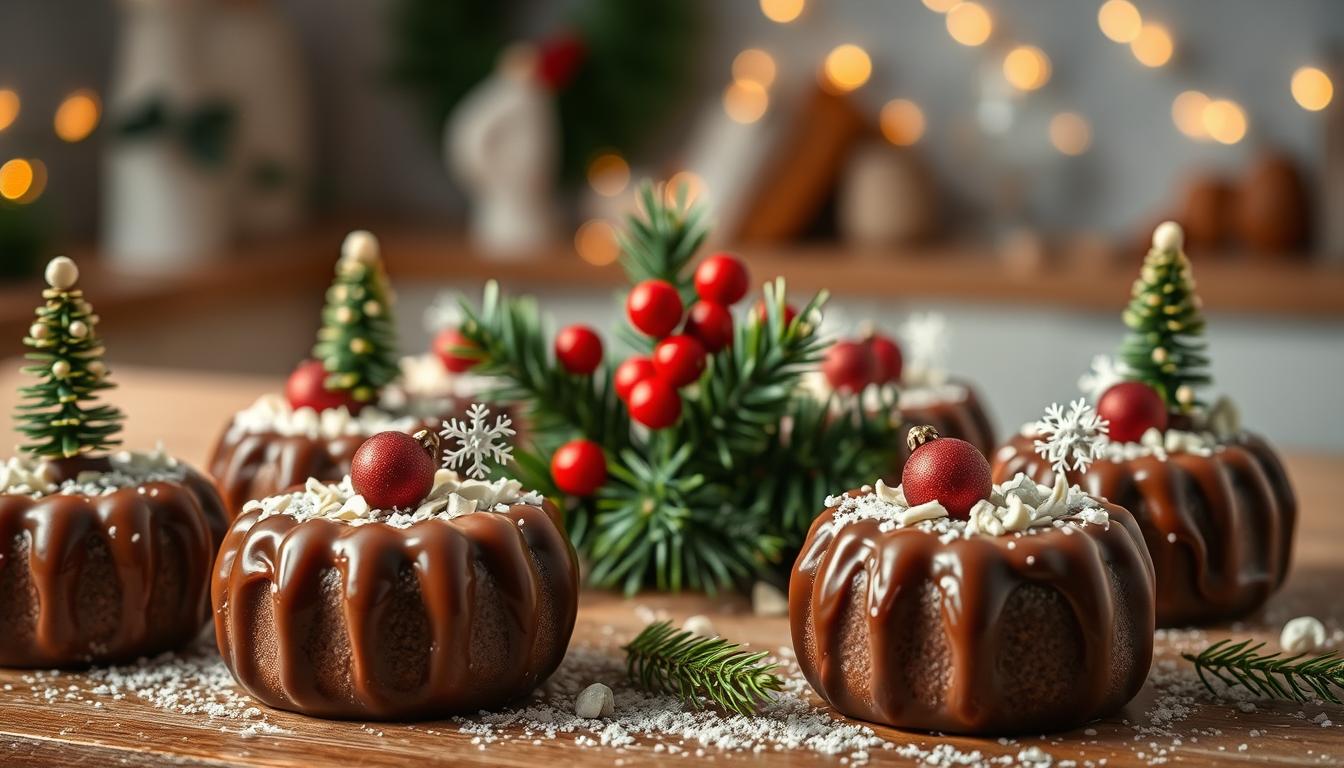 Mini bûches au chocolat – version individuelle, décor sapin ou neige.