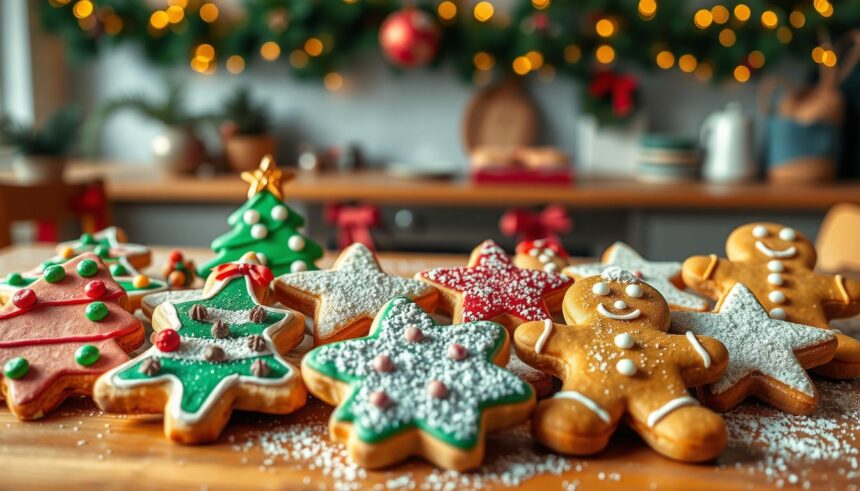 Sablés décorés de Noël – sapins, étoiles, bonhommes.