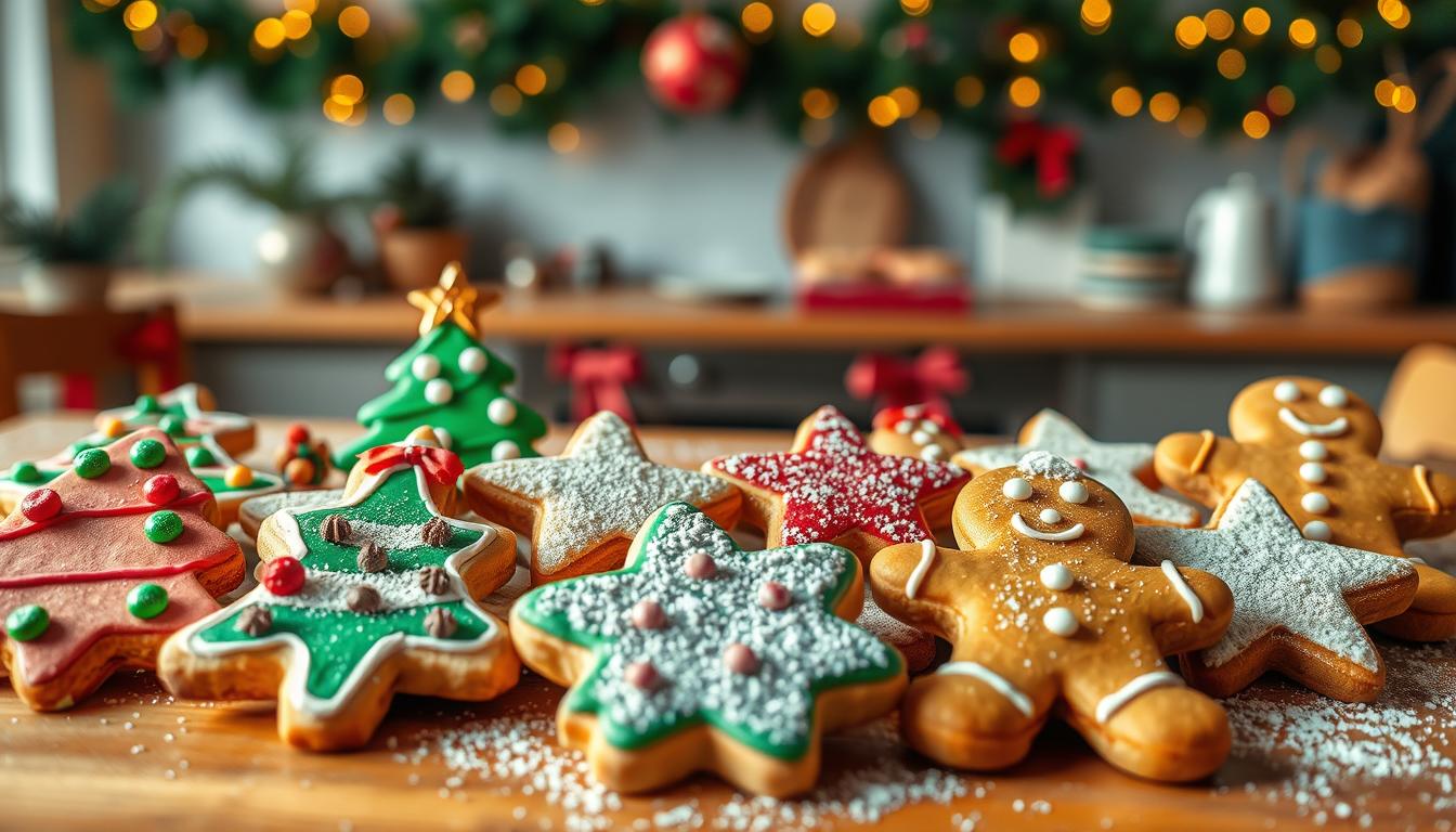 Sablés décorés de Noël – sapins, étoiles, bonhommes.